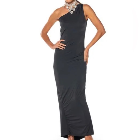 VENUS RISING BACKLESS RUCHED MAXI DRESS IN BLACK - Picture 1 of 8